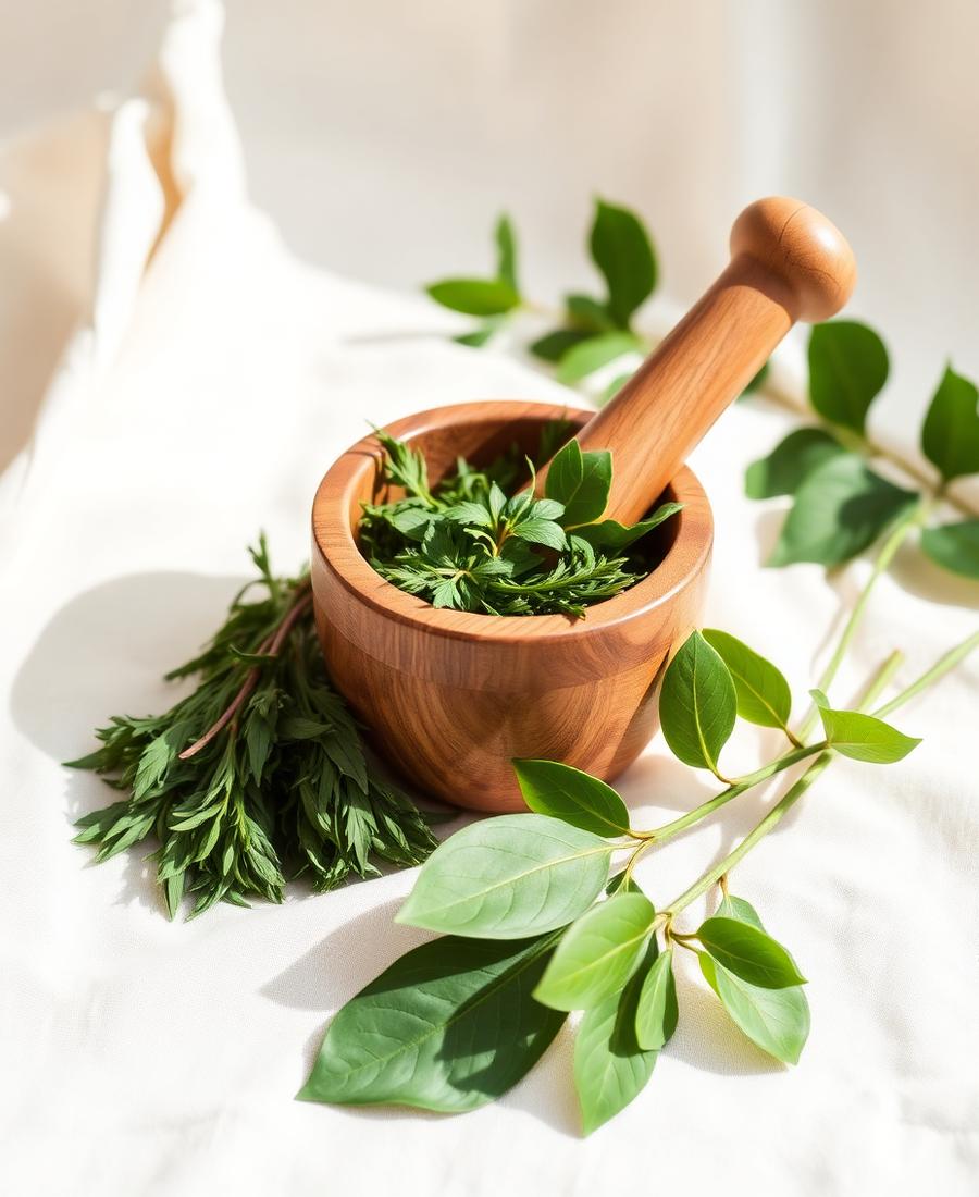 Wooden mortar and pestle with dried Caribbean herbs on black slate
