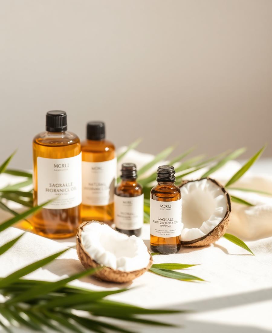 Amber glass bottles of natural botanical oils with golden backlight