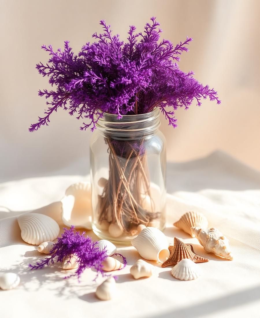 Dried purple wildcrafted sea moss in a glass jar on black stone